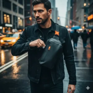 Close-up of a waterproof urban sling bag, one of the best edc bags for men, worn crossbody, featuring quick-access zippers for daily essentials.