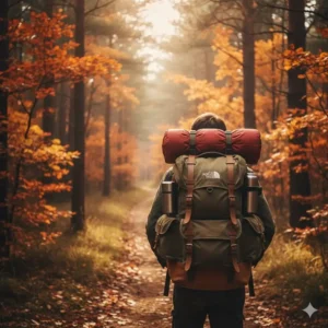 Illustration 4: A person hiking through the woods while carrying a well-preserved vintage north face backpack.