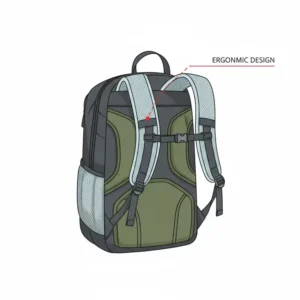 A diagram showing the padded shoulder straps and breathable back panel of the best minimalist backpack.