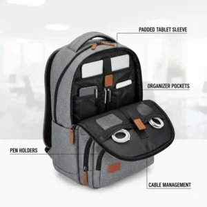 An open work backpack revealing organized pockets for a tablet, pens, phone, and power cables.