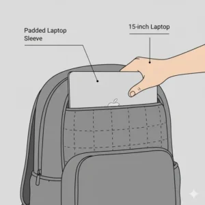 A protective laptop sleeve illustration inside a professional minimalist backpack.