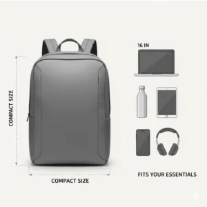 A size guide illustration comparing a slim minimal backpack to standard everyday carry items.