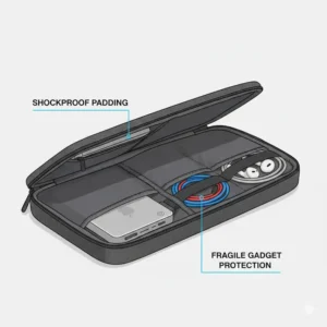 Technical diagram showing the shockproof padded lining of a tech organizer travel case for protecting fragile gadgets.