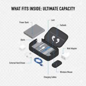 An overhead view showing the large capacity of a travel tech organizer filled with various electronic accessories.