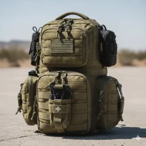 A rugged tactical backpack, among the best edc bags for men, with MOLLE webbing and durable 1000D nylon construction in olive drab.