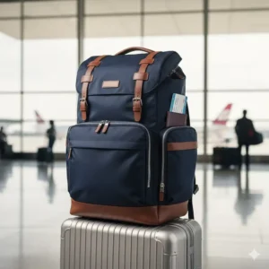 Durable and spacious travel version of the best mens luxury backpacks at an airport terminal.