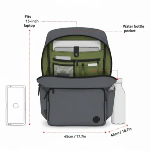 A scale illustration comparing the best minimalist backpack dimensions to a standard 15-inch laptop and water bottle.