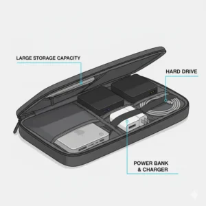 Detailed view of the large storage capacity in a tech organizer travel case holding a power bank and hard drive.