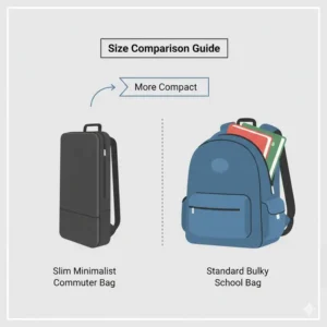 A size comparison guide between a bulky bag and a slim minimalist backpack.