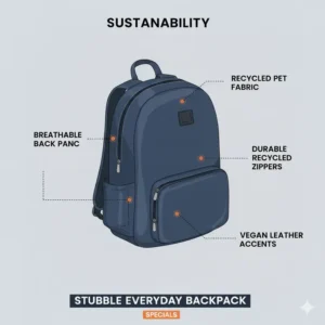 Infographic about the recycled eco-friendly materials used in stubble everyday backpack specials