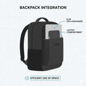 Illustration showing how a slim travel tech organizer fits perfectly into a laptop backpack compartment.