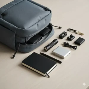 Flatlay of essentials for the best edc bags for men, including a multitool, flashlight, portable charger, and notebook next to a minimalist daypack.