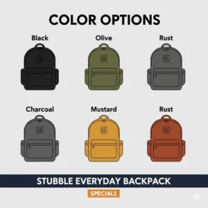 A professional display of all available colors for the stubble everyday backpack specials.