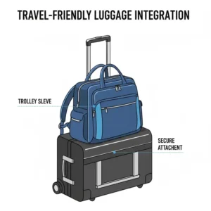 A laptop 18 bag with a built-in trolley sleeve attached to a rolling suitcase handle.