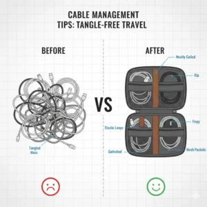 A comparison of messy cables versus a neat travel tech organizer for efficient cable management.