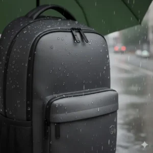 Water droplets beading off the surface of a water-resistant backpack for work, illustrating durability in rain.
