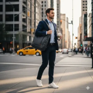 A professional man carrying a Bellroy Transit Workpack, one of the best edc bags for men, in a city setting, highlighting its sleek office-friendly design.