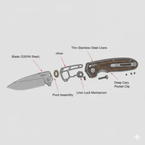 An exploded view showing the internal liners and locking system of a slim pocket knife.