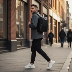 Modern urban man wearing one of the best mens luxury backpacks in a city street lifestyle shot.