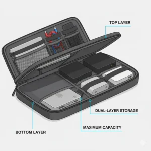 An open dual-layer tech organizer travel case showing maximum capacity storage for various electronic accessories.