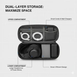A side-view showing the dual-layer storage design of a travel tech organizer for large and small items.