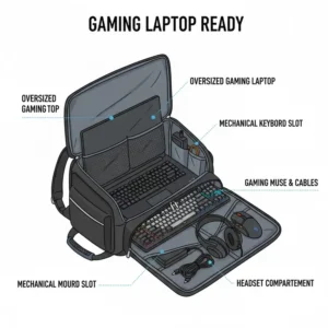 A spacious laptop 18 bag designed to fit large gaming laptops and mechanical keyboards.