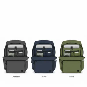 A flat-lay illustration featuring the best minimalist backpack in various neutral colors like charcoal, navy, and olive.