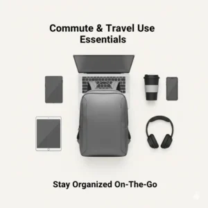 A minimal backpack placed next to a laptop and coffee cup, representing a professional commuter setup.