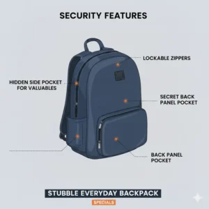 Showing the hidden anti-theft pocket feature on the stubble everyday backpack specials.