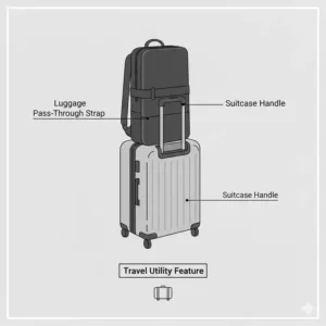 A minimalist backpack secured to a suitcase handle using a travel luggage strap.