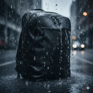 Water droplets beading off the surface of a waterproof bag, among the best edc bags for men, demonstrating weather-resistant fabric and YKK AquaGuard zippers.