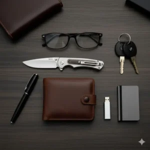 A minimalist EDC gear layout including a wallet, keys, and a sleek slim pocket knife.