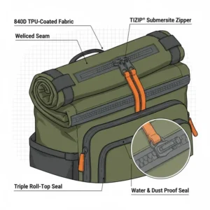 Detailed diagram of the airtight zipper and roll-top closure found on the best waterproof fishing backpack.