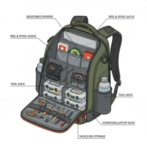 Internal compartment view of the best waterproof fishing backpack showing organized tackle box storage.