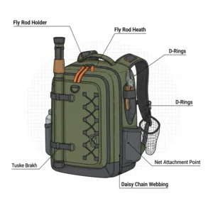 External gear attachment points and rod holders on the best waterproof fishing backpack for easy access.