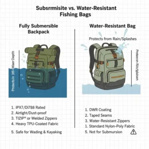 A comparison showing why a submersible bag is the best waterproof fishing backpack for deep wading.