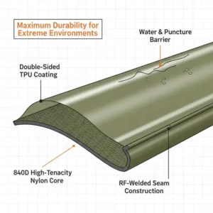 Technical cross-section of the TPU-coated fabric used in the best waterproof fishing backpack construction.