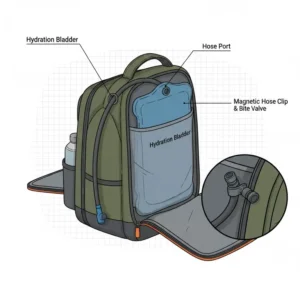 Illustration of the integrated hydration bladder sleeve inside the best waterproof fishing backpack.