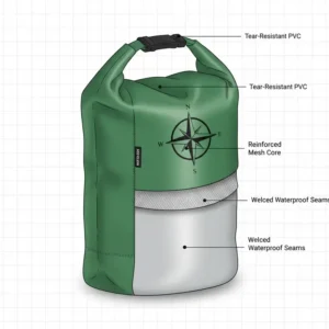 A technical illustration showing the heavy-duty PVC material layers of dry bags with a printed logo, highlighting tear-resistant fabric.