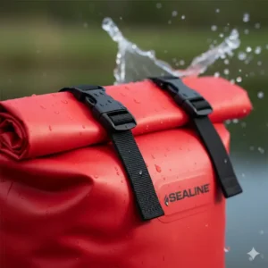 Close-up of the secure roll-top closure system on a sealine drybag to prevent water entry.
