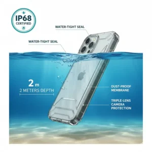 Technical diagram of the IP68 depth rating for a waterproof phone case iphone 14 pro max submerged in water.