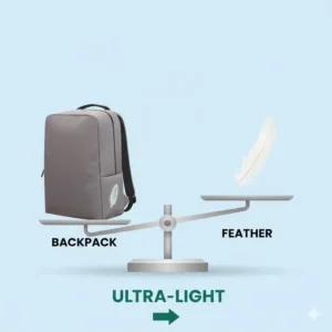 A weight comparison scale showing the lightest laptop backpack being as light as a feather.