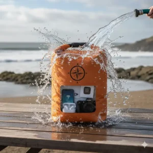 A waterproof performance test showing water splashing over custom dry bags protecting a camera and phone.