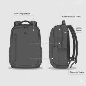 A detailed illustration showing the front and side views of the july backpack in a minimalist design.