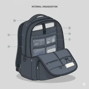 Technical diagram showing the internal organization and laptop sleeve of the july carry all backpack series 2.