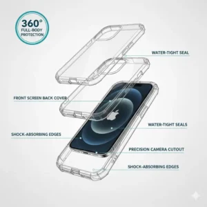 Exploded view showing the 360-degree full-body protection of a waterproof phone case iphone 14 pro max.