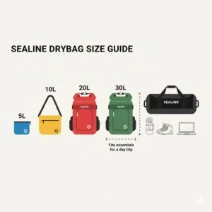 A size comparison chart of various sealine drybag capacities from 5L to 30L next to common gear.