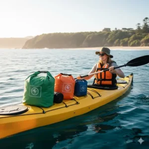 A woman kayaking on the ocean with colorful custom dry bags featuring personalized logos attached to her kayak.