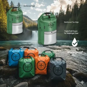 An infographic demonstrating the roll-top closure system on dry bags with a logo to ensure a 100% watertight seal.