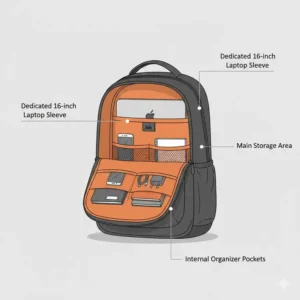 Illustration of the july backpack interior showing dedicated pockets for a laptop, chargers, and notebooks.